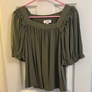 LOFT Women's Sage Green Blouse with Puff Sleeves